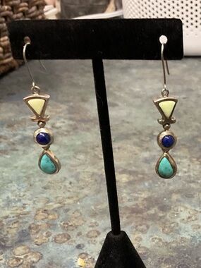 Sterling Silver Turquoise, Lapis & Cream Gemstone Drop Earrings